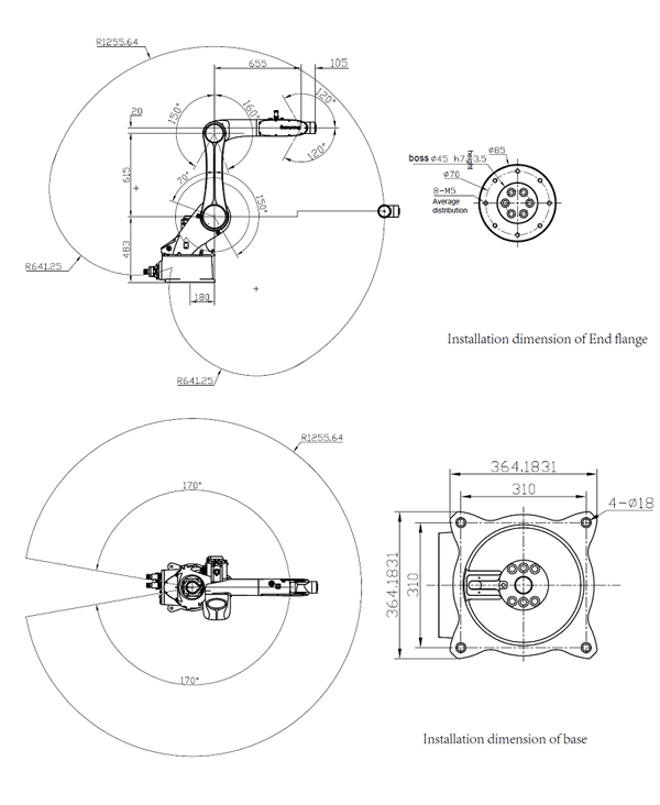 10 kg nyttolast 6-axlig robotrörelseräckvidd och installationsdiagram