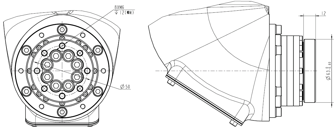 Disegno delle dimensioni di installazione dell'estremità del robot di verniciatura con portata del braccio di 2035 mm