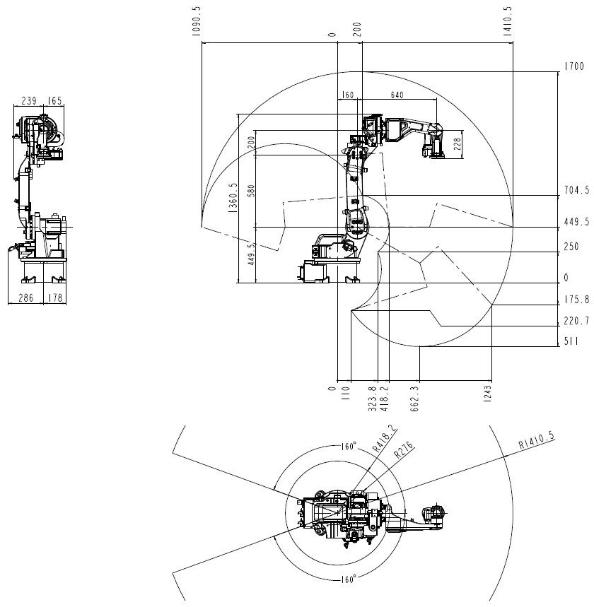 QJRH4-1A 6 eksenli robot boyutu ve hareket aralığı