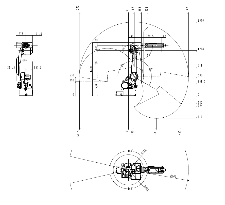 Bản vẽ kích thước tổng thể và phạm vi chuyển động của Robot