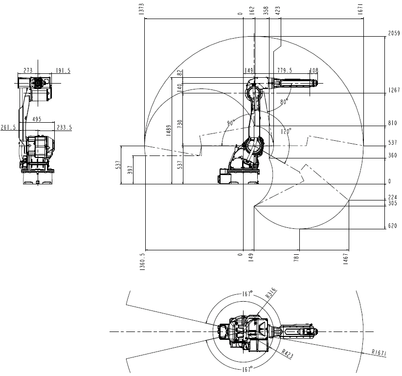 Dimensioni e raggio di movimento del braccio robotico QJRB20-1