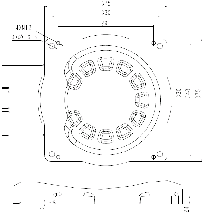 Rysunek wymiarowy mocowania podstawy robota QJRB20-1 typu pick and place