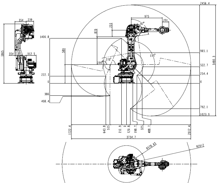 Rozměr a rozsah pohybu paletizačního robota QJR50-1