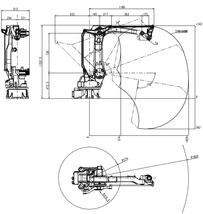 Dimension et plage de mouvement du robot de palettisation QJRB30-1