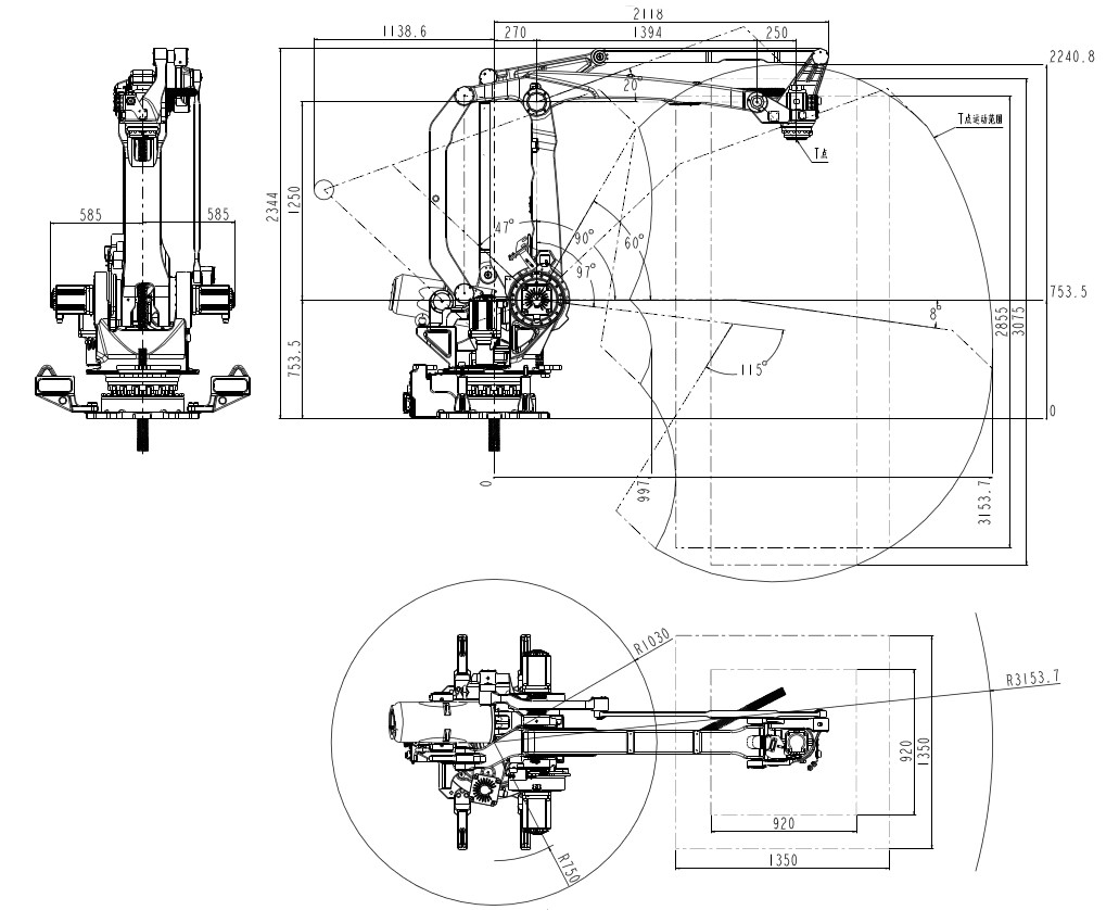 Dimension et plage de mouvement du robot de palettisation QJRB180-1