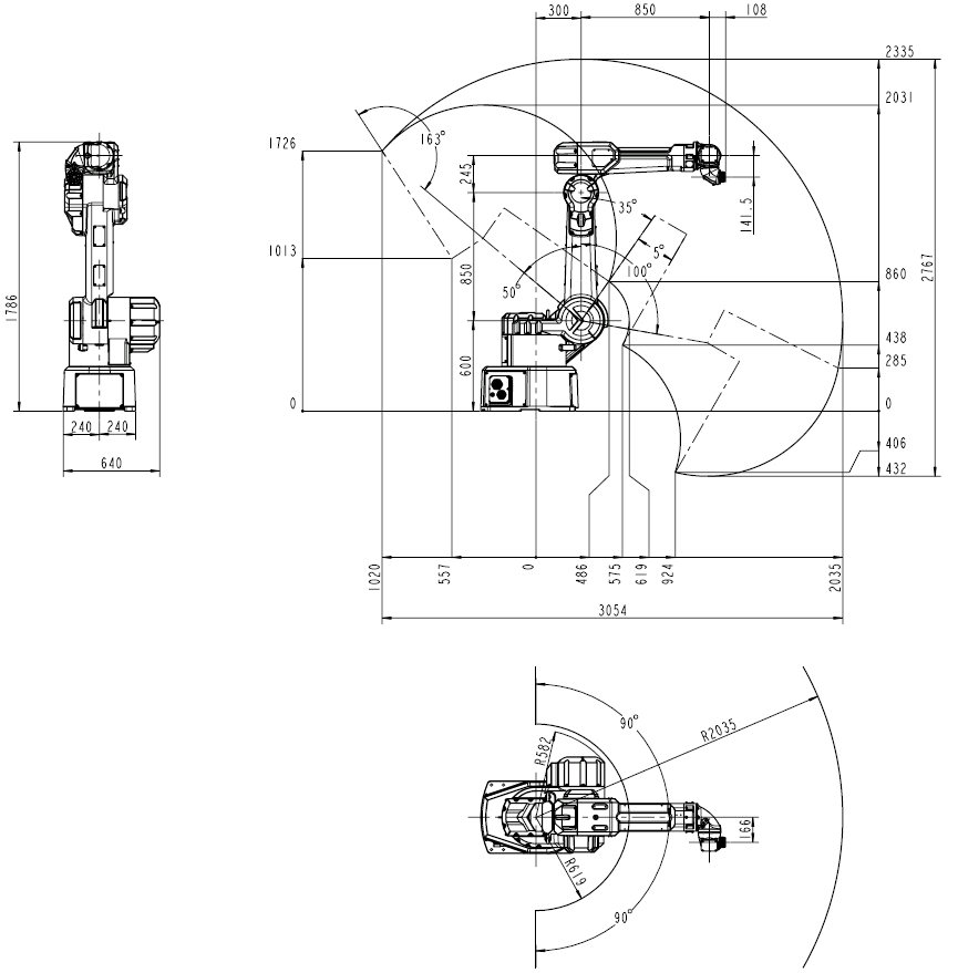 QJRP10-1 Dimensiunea robotului cu 6 axe și intervalul de mișcare