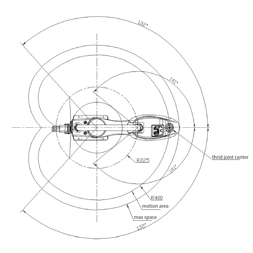 Carico utile di 3 kg. Disegno della gamma di movimento del braccio robotico SCARA a 400 assi da 4 mm