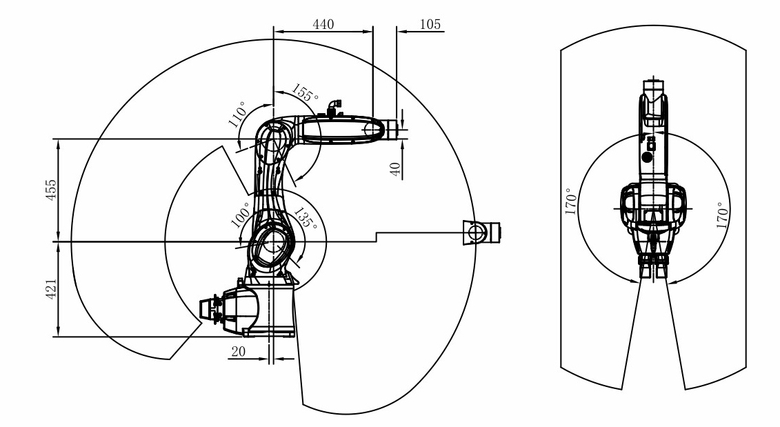 SYR006-900 6 axis robot motion range diagram